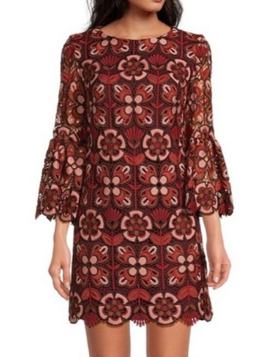 Trina Turk Dresses & Skirts - Trina Turk Rust and Pink Floral Lace Bell-Sleeve Dress. Size 8 NWT